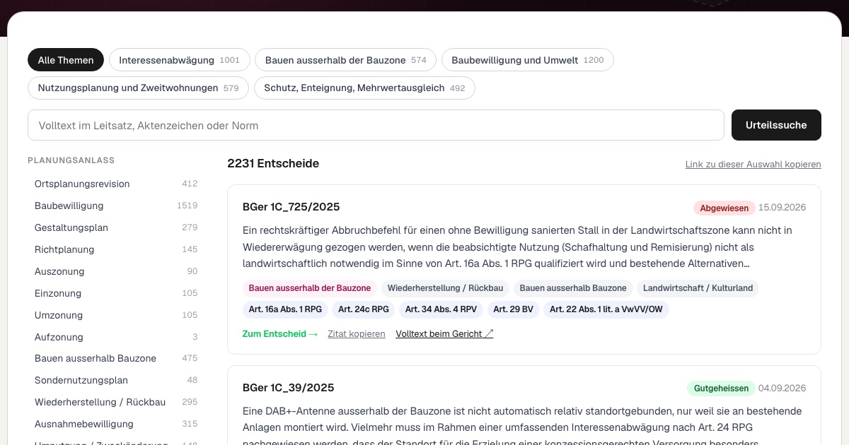 Suchmaske der Urteilssuche auf tools.spekt.ch: Themenfelder mit Trefferzahlen, Filter nach Planungsanlass und Trefferliste mit Leitsätzen